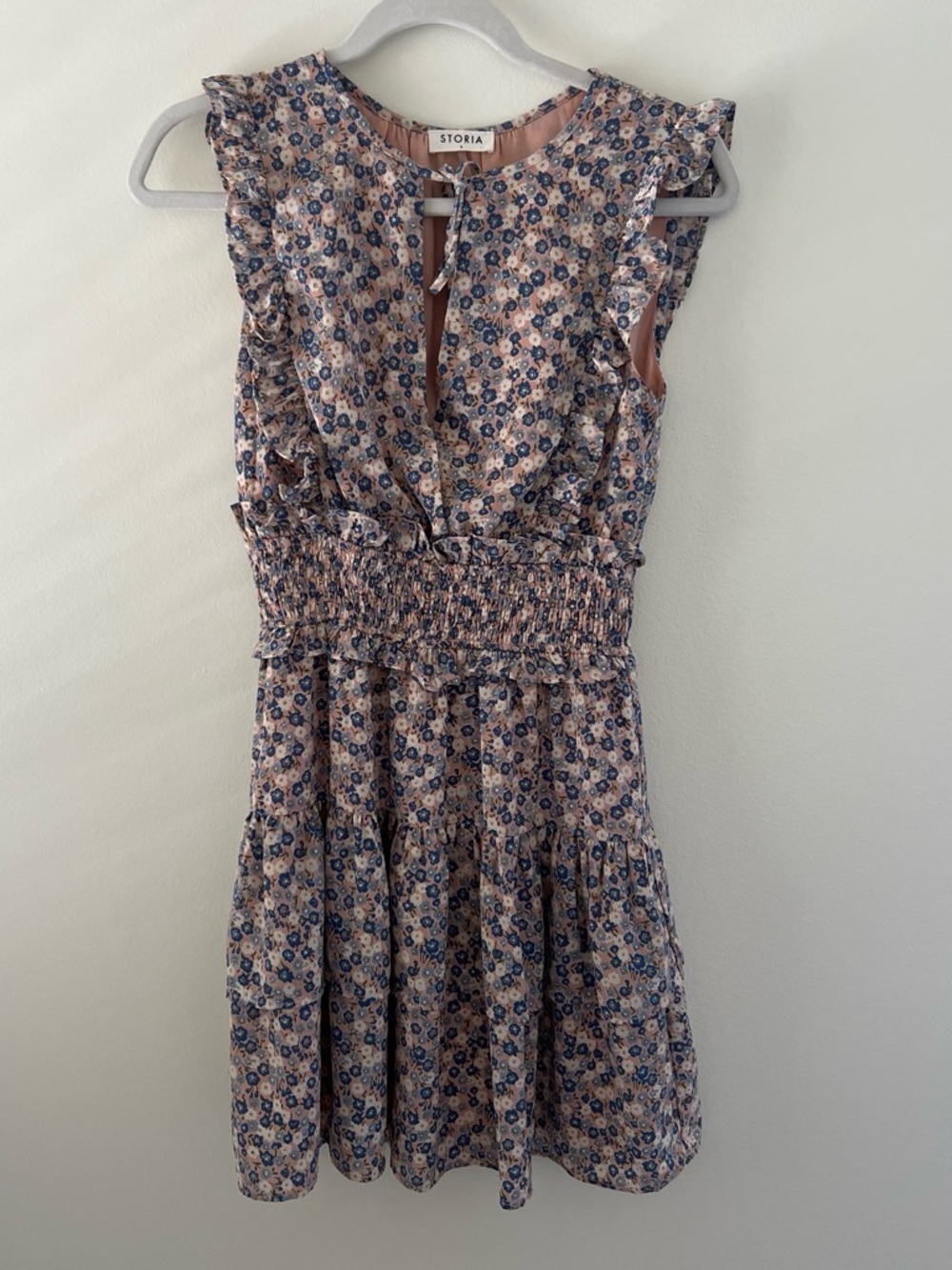 Storia Pink & Blue Floral Ruffle Smocked Waist Mini Dress